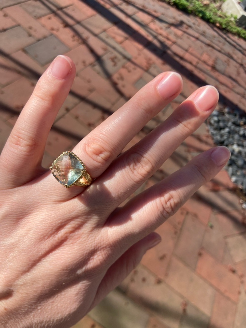 Gold Cocktail Ring with Light Green Cushion Gemstone